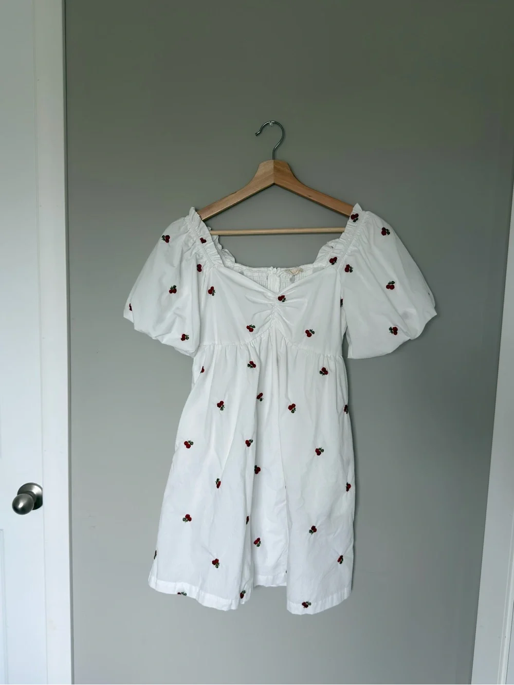 Altar’d State White Cherry Poplin Mini Dress Puff Sleeve Size S Cottagecore - Picture 3 of 9